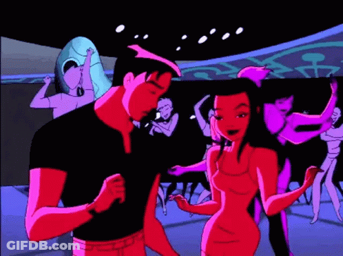 A Cartoon Of A Man And Woman Dancing In A Club GIF
