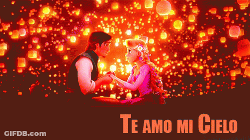 A Cartoon Of A Man And Woman Holding Hands With The Words Te Amo Mi Cielo GIF