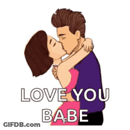 A Cartoon Of A Man And Woman Hugging Each Other With The Words Love You Babe GIF