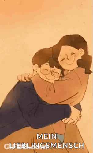 A Cartoon Of A Man And Woman Hugging Each Other With The Words `` Mein Lieblingsmensch '' Written On The Bottom . GIF
