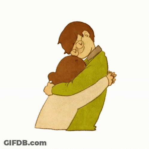 A Cartoon Of A Man And Woman Hugging With The Man Wearing Glasses GIF