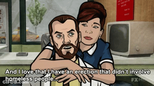 A Cartoon Of A Man And Woman Hugging With The Words And I Love That I Have An Erection That Did N't GIF