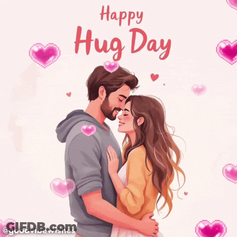 A Cartoon Of A Man And Woman Hugging With The Words Happy Hug Day Above Them GIF