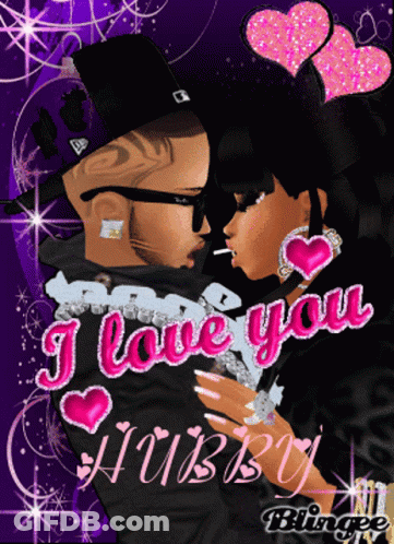 A Cartoon Of A Man And Woman Hugging With The Words I Love You Hubby Below Them GIF