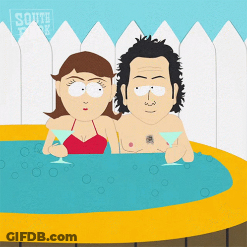 A Cartoon Of A Man And Woman In A Hot Tub With South Park Written On The Fence Behind Them GIF