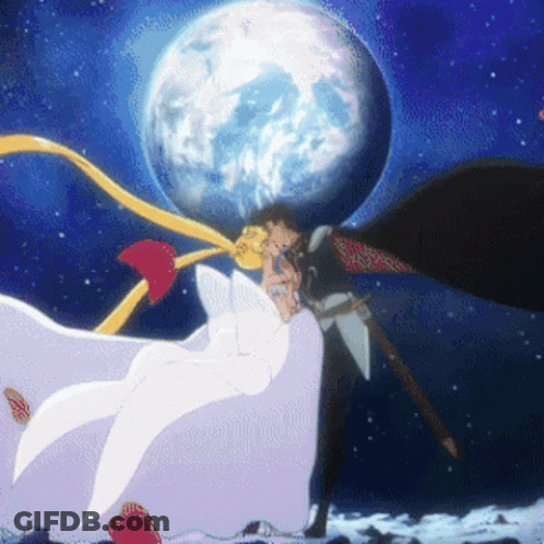 A Cartoon Of A Man And Woman Kissing In Front Of A Full Moon GIF