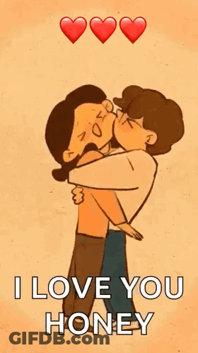 A Cartoon Of A Man And Woman Kissing With Hearts Behind Them . GIF