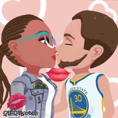 A Cartoon Of A Man And Woman Kissing With The Man Wearing A Golden State Jersey GIF