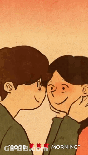 A Cartoon Of A Man And Woman Kissing With The Words " Good Morning " On The Bottom GIF