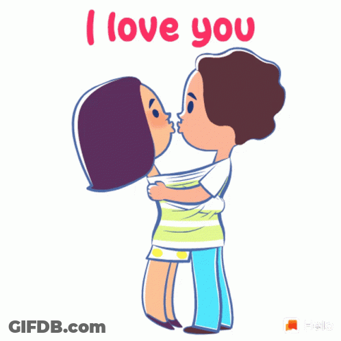 A Cartoon Of A Man And Woman Kissing With The Words " I Love You " Below Them GIF