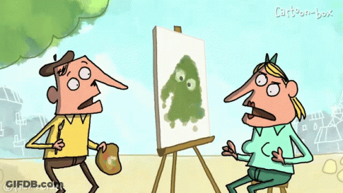 A Cartoon Of A Man And Woman Looking At A Painting On An Easel GIF