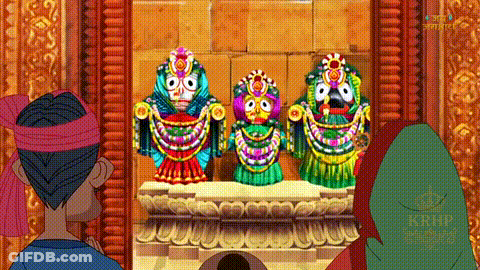 A Cartoon Of A Man And Woman Looking At A Picture Of A Temple With The Word Krishna On The Bottom GIF