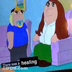 A Cartoon Of A Man And Woman Sitting On A Couch With A Sign That Says There Was A Healing On It GIF
