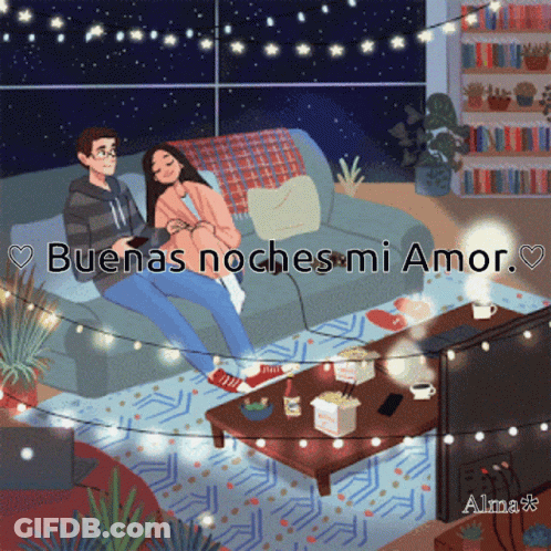 A Cartoon Of A Man And Woman Sitting On A Couch With The Words Buenas Noches Mi Amor GIF