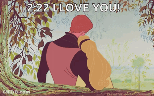 A Cartoon Of A Man And Woman Sitting Under A Tree With 2:22 I Love You Written Above Them GIF