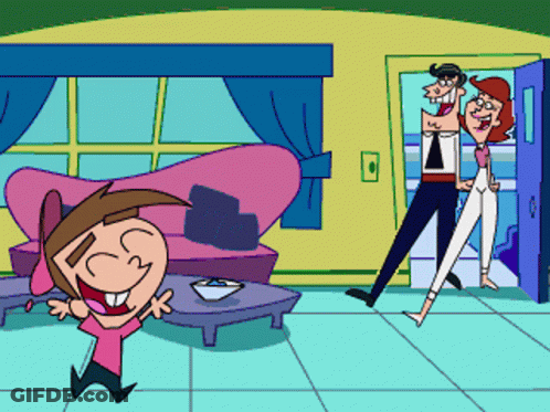 A Cartoon Of A Man And Woman Standing In A Room GIF