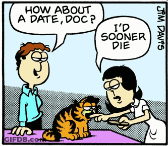 A Cartoon Of A Man And Woman Talking To Garfield The Cat GIF