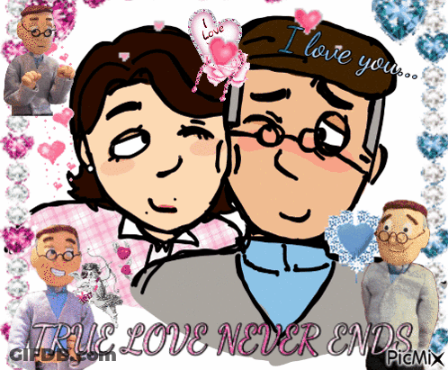 A Cartoon Of A Man And Woman With The Words True Love Never Ends On The Bottom GIF