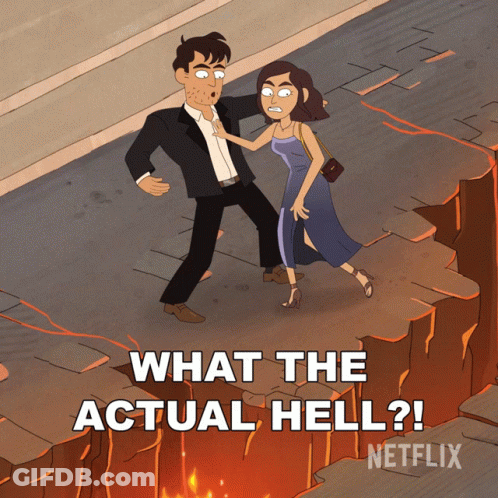A Cartoon Of A Man And Woman With The Words What The Actual Hell GIF