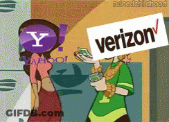 A Cartoon Of A Man And Woman With Yahoo And Verizon Logos On Their Heads GIF