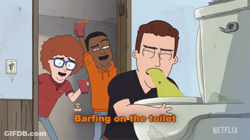 A Cartoon Of A Man Barfing On A Toilet With Netflix Written On The Bottom GIF