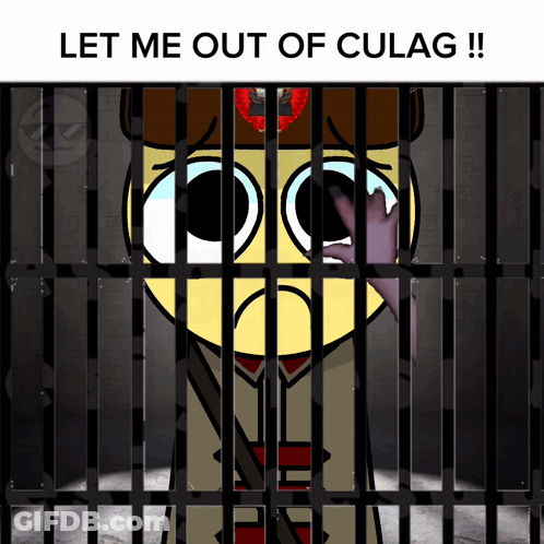 A Cartoon Of A Man Behind Bars With The Words Let Me Out Of Culag GIF