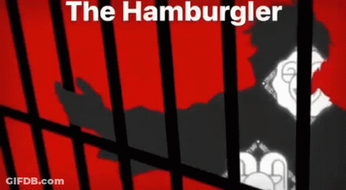 A Cartoon Of A Man Behind Bars With The Words The Hamburger On The Bottom GIF