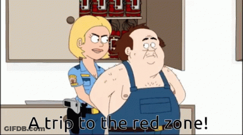 A Cartoon Of A Man Being Arrested By A Police Officer With The Words A Trip To The Red Zone GIF