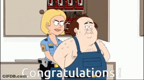 A Cartoon Of A Man Being Arrested By A Police Officer With The Words Congratulations On The Bottom GIF