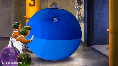 A Cartoon Of A Man Being Blown Up By A Blue Balloon GIF