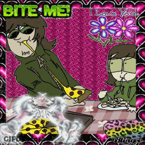 A Cartoon Of A Man Biting A Slice Of Pizza With The Words Bite Me I Love You GIF
