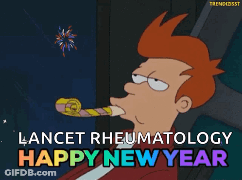 A Cartoon Of A Man Blowing A Party Horn With The Words Lancet Rheumatology Happy New Year GIF