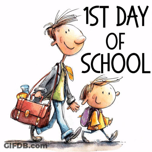 A Cartoon Of A Man Carrying A Briefcase And A Boy Walking With The Words 1St Day Of School Below Them GIF