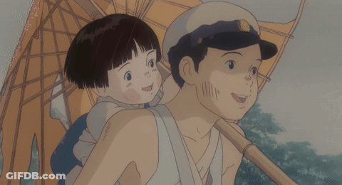 A Cartoon Of A Man Carrying A Child On His Back With An Umbrella GIF