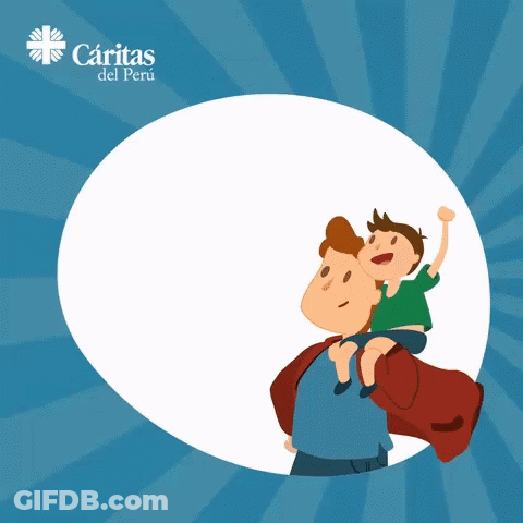 A Cartoon Of A Man Carrying A Child On His Shoulders With The Words Feliz Dia GIF