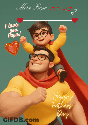 A Cartoon Of A Man Carrying A Child On His Shoulders With The Words Happy Fathers Day On The Bottom GIF
