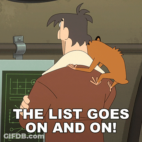 A Cartoon Of A Man Carrying A Monkey On His Shoulders With The Words The List Goes On And On GIF