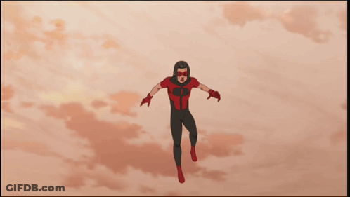 A Cartoon Of A Man Carrying A Red Superhero On His Shoulders GIF