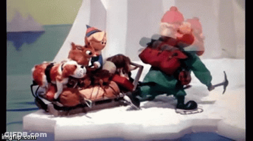 A Cartoon Of A Man Carrying A Sleigh Full Of Stuffed Animals And Dogs GIF