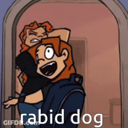 A Cartoon Of A Man Carrying A Woman On His Back With The Words Rabid Dog Written On The Bottom . GIF