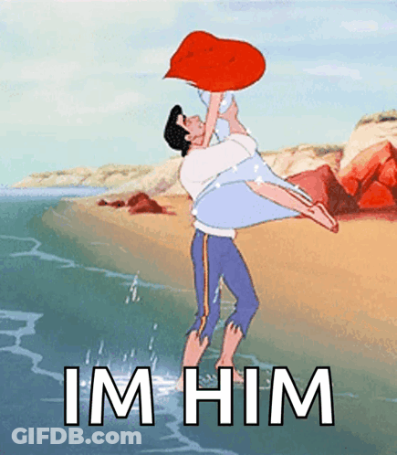 A Cartoon Of A Man Carrying A Woman On His Shoulders With The Words " Im Him " Underneath GIF