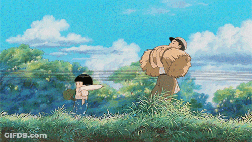 A Cartoon Of A Man Carrying Hay On His Back And A Girl Standing In The Grass GIF