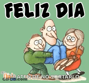A Cartoon Of A Man Carrying Two Children In His Arms With The Words Feliz Dia On The Bottom GIF