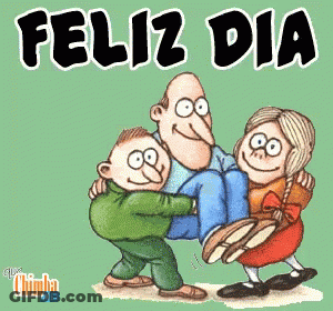A Cartoon Of A Man Carrying Two Children With The Words Feliz Dia Above Him GIF