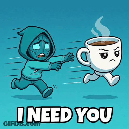 A Cartoon Of A Man Chasing A Cup Of Coffee That Says I Need You On The Bottom GIF