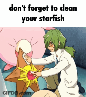 A Cartoon Of A Man Cleaning A Starfish With The Words Do N't Forget To Clean Your Starfish . GIF