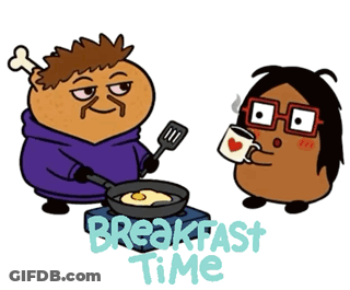 A Cartoon Of A Man Cooking An Egg Next To A Potato Holding A Mug That Says Breakfast Time GIF