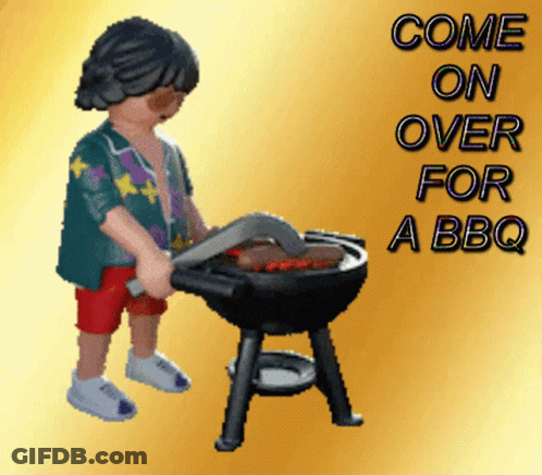A Cartoon Of A Man Cooking On A Grill With The Words Come On Over For A Bbq GIF