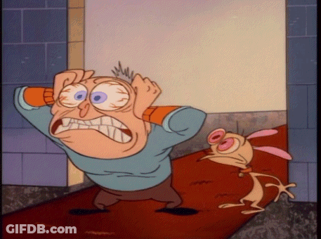 A Cartoon Of A Man Covering His Ears With His Hands And A Dog Behind Him GIF