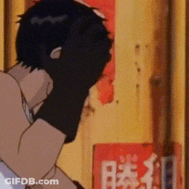 A Cartoon Of A Man Covering His Face In Front Of A Red Sign With Chinese Characters On It GIF